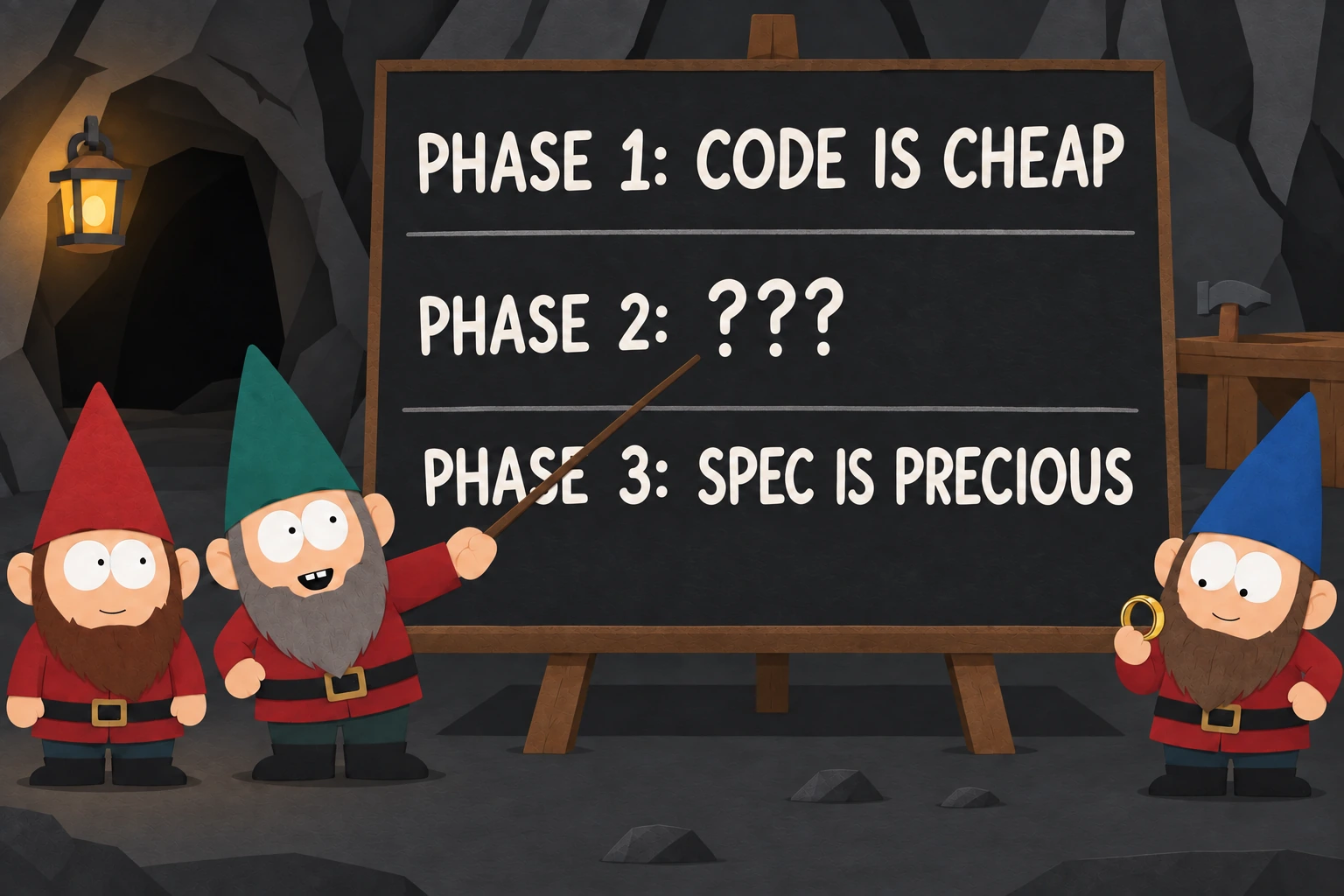 Underpants Gnomes present a three-phase plan: Phase 1: Code is cheap. Phase 2: ???. Phase 3: Spec is precious. A gnome admires a gold ring.