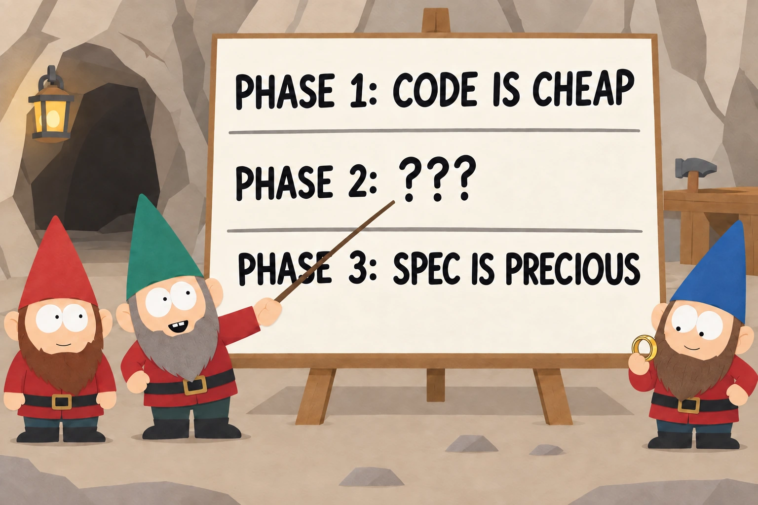 Underpants Gnomes present a three-phase plan: Phase 1: Code is cheap. Phase 2: ???. Phase 3: Spec is precious. A gnome admires a gold ring.