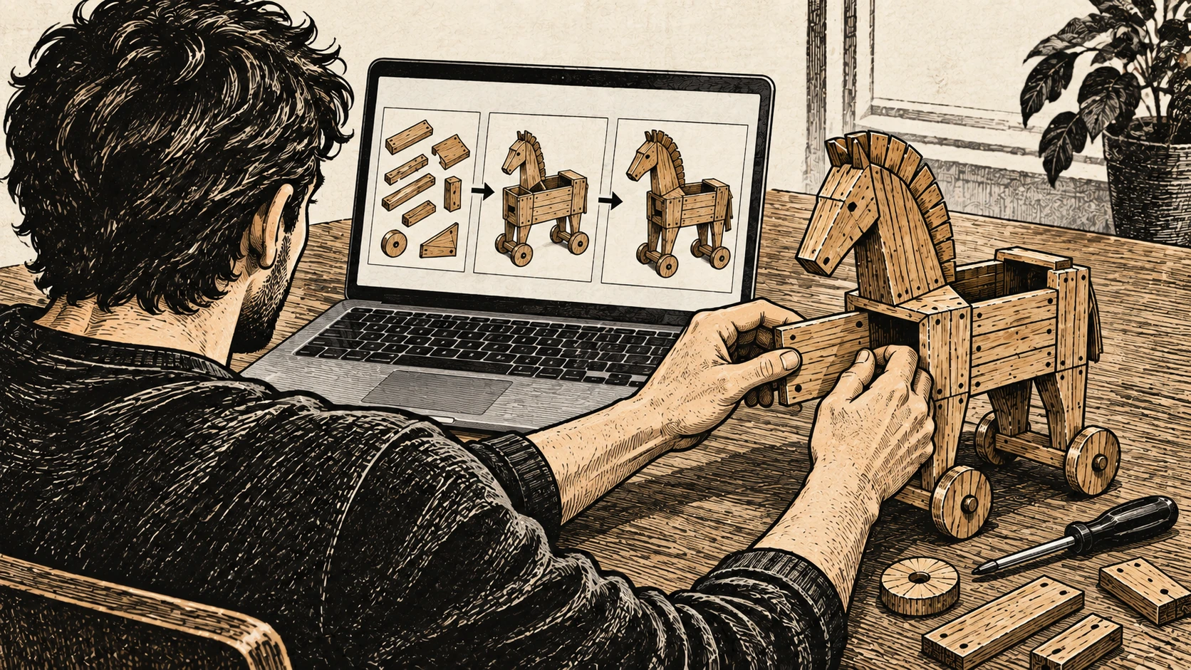 Woodcut illustration of someone assembling a wooden Trojan horse while following instructions on a laptop.