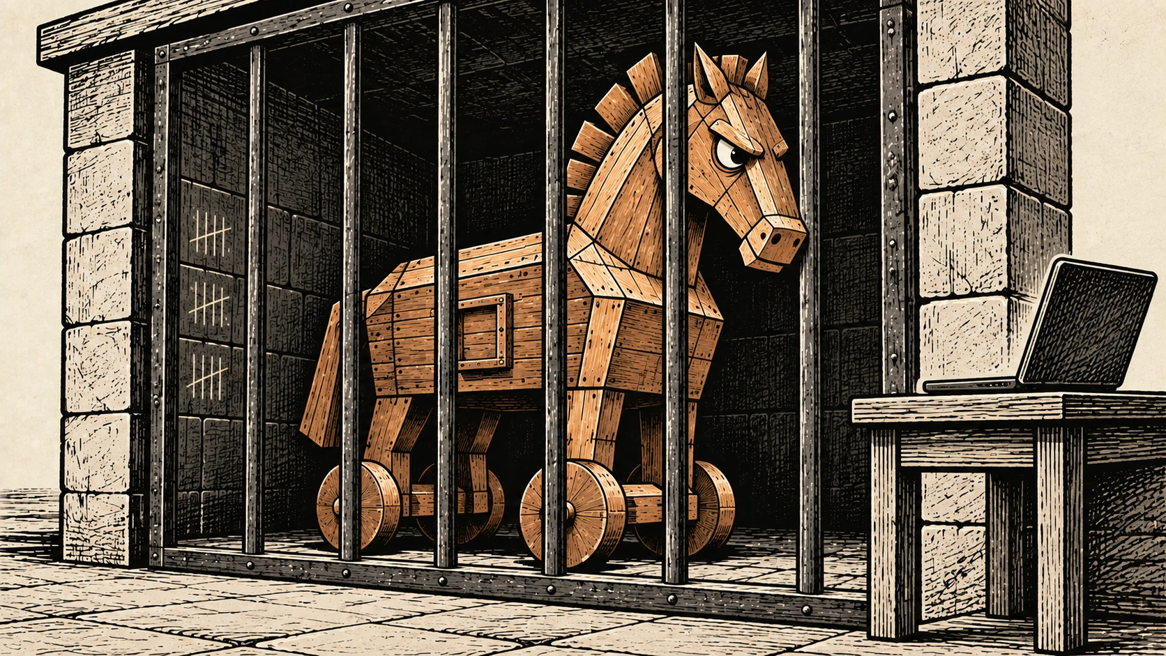 Woodcut illustration of an annoyed Trojan horse behind jail bars, with crossed-off days on the wall and a laptop out of reach outside the cell.