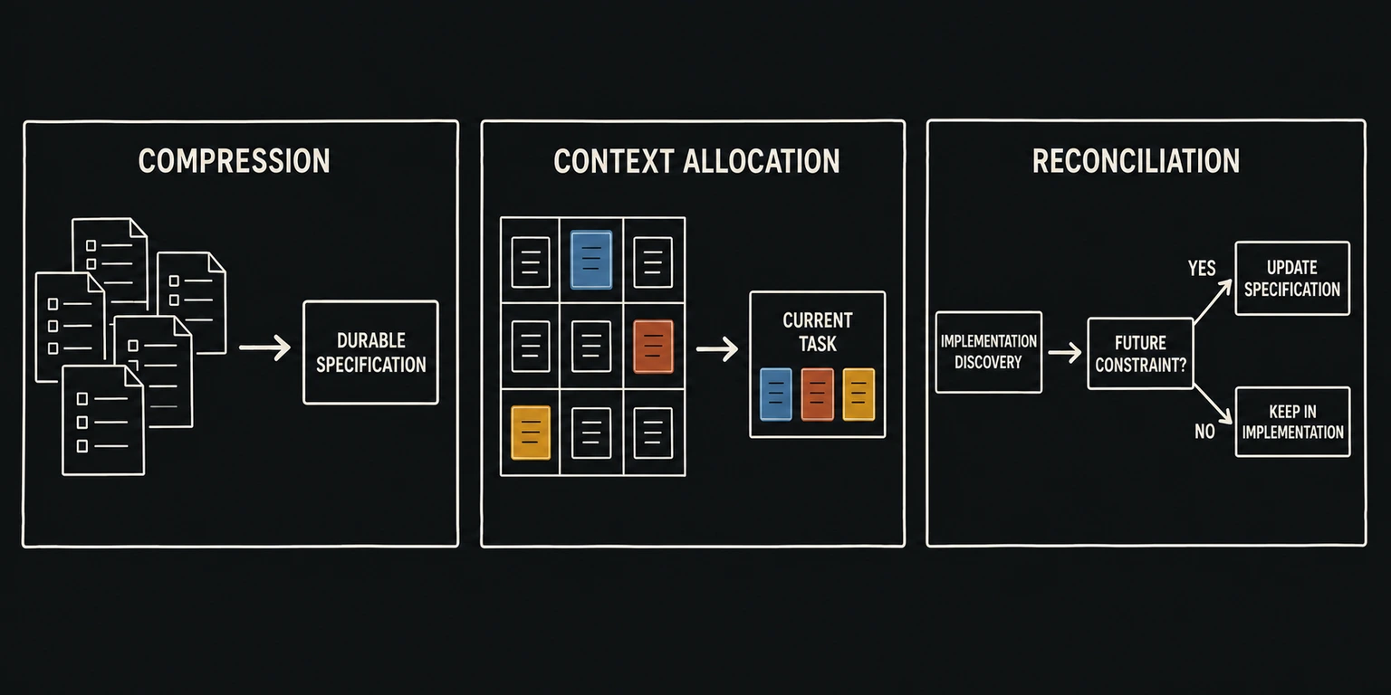 Three panels show several source documents compressed into one durable specification, selected rules copied from a larger specification into the current task, and an implementation discovery routed either into the specification or kept in the implementation.