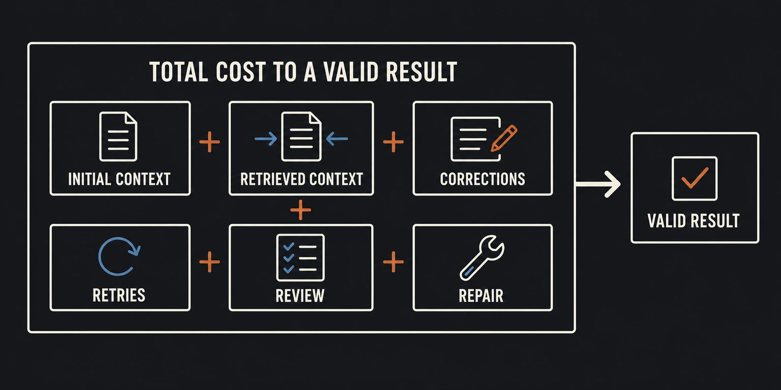 Six labeled rectangular cards add initial context, retrieved context, corrections, retries, review, and repair into the total cost of reaching a valid result.