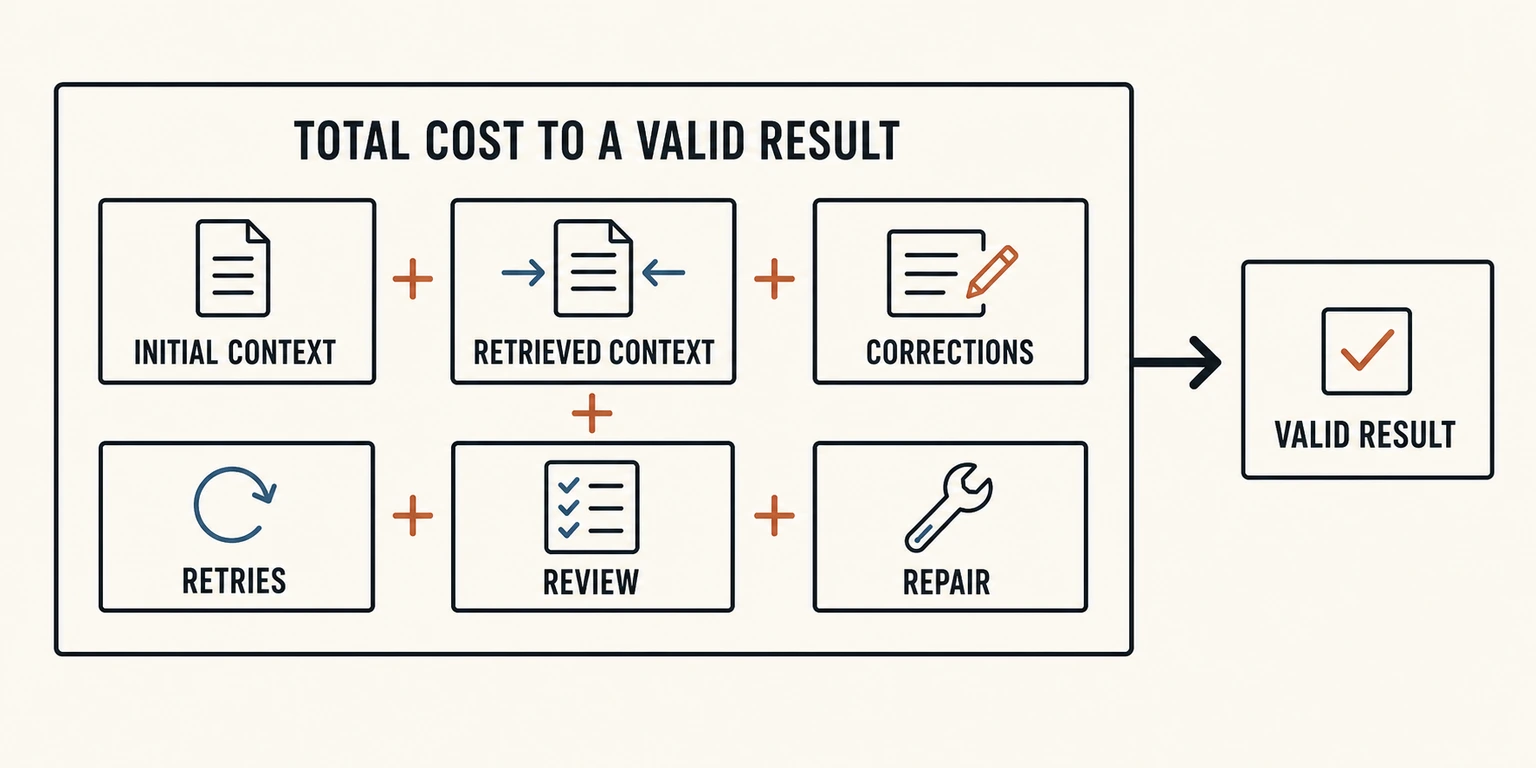 Six labeled rectangular cards add initial context, retrieved context, corrections, retries, review, and repair into the total cost of reaching a valid result.